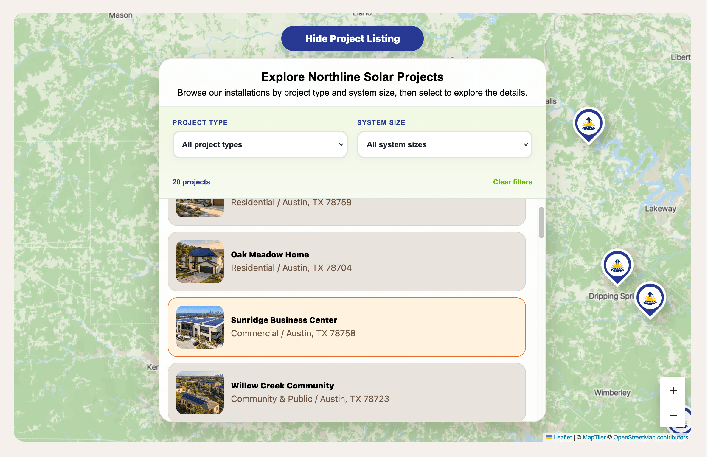 Solar project map with project type and system size filters