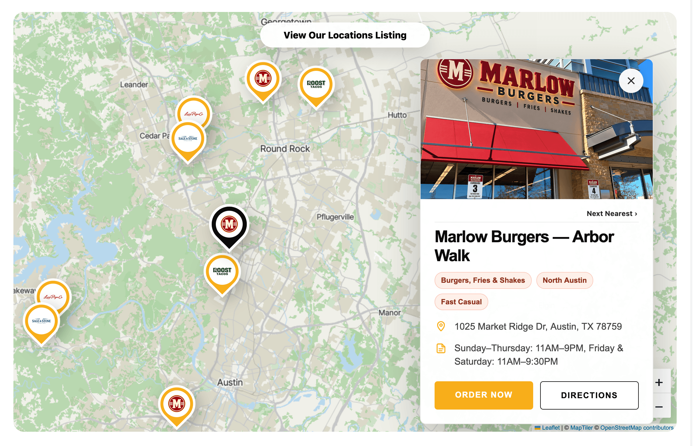 Restaurant location map with an open location detail card